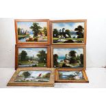 Six Victorian Reverse Painted Glass Landscape Pictures, largest 40cm x 60cm, all framed