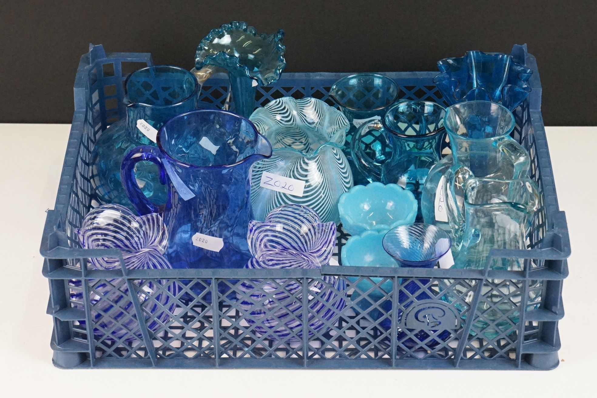 Group of mixed glassware to include a pair of spiral-effect squat vases with lobed upper rims (