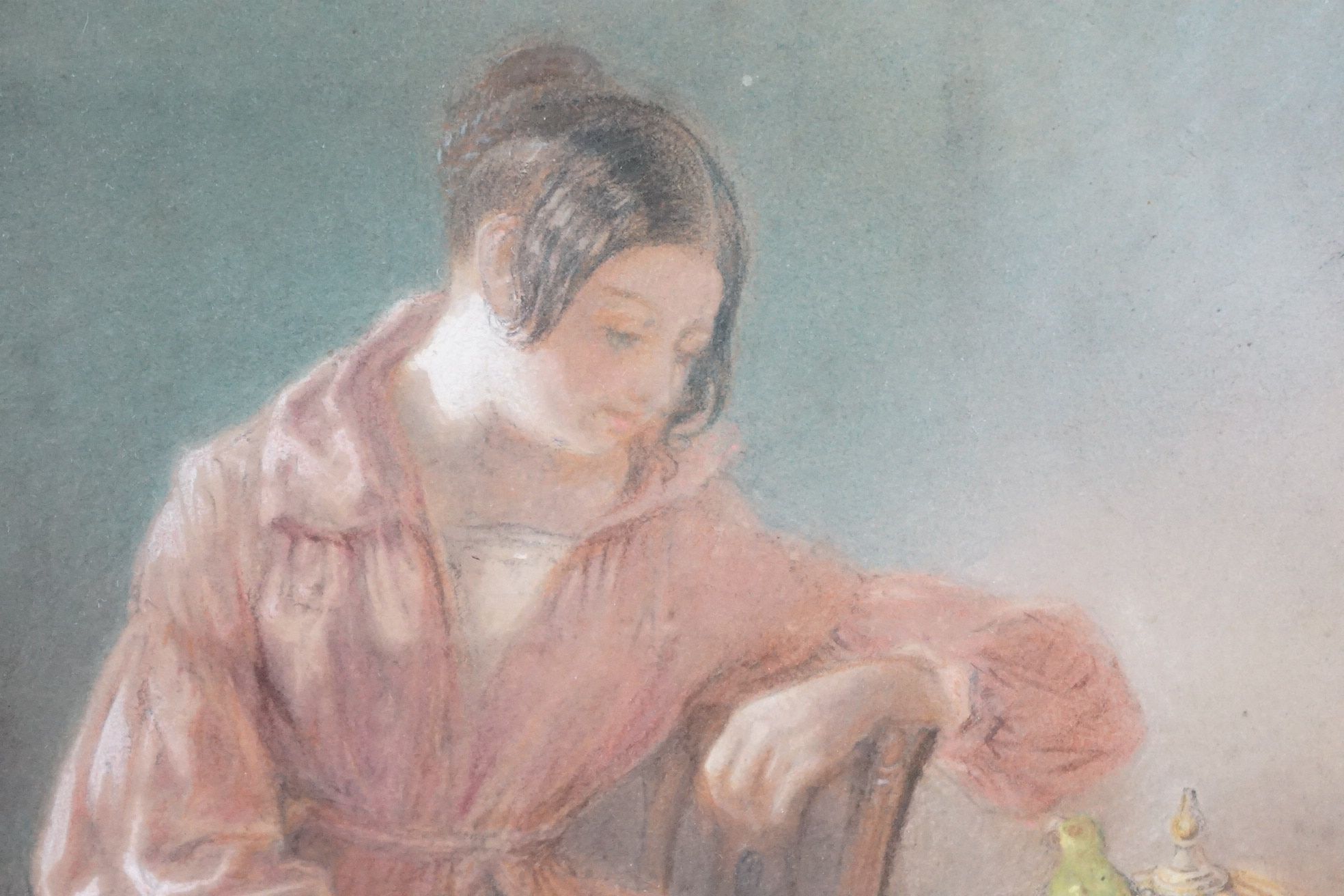 Pastel of a Seated 19th century Lady with a parrot sat on a bird cage, indistinctly signed lower - Image 3 of 10