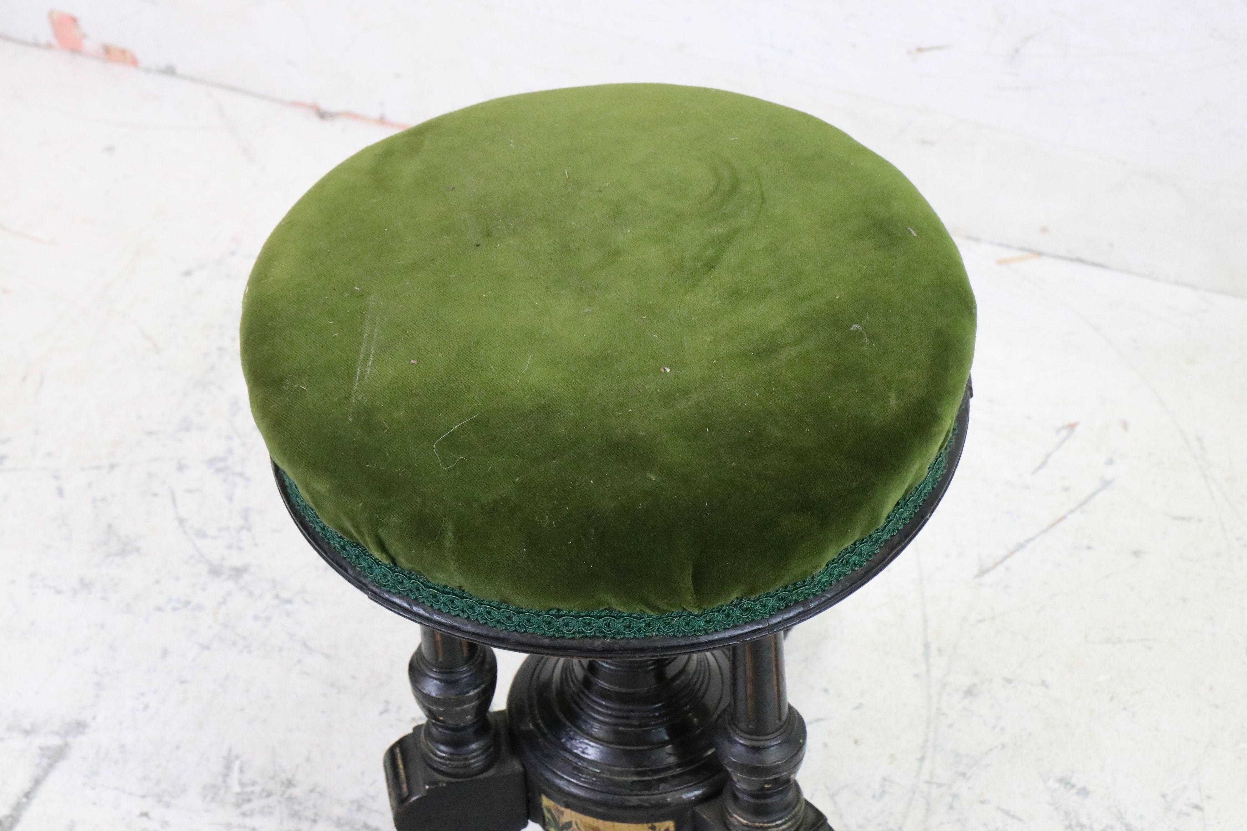 Victorian Aesthetic Movement Ebonised Revolving Piano Stool with green upholstered seat, 35cm - Image 2 of 6