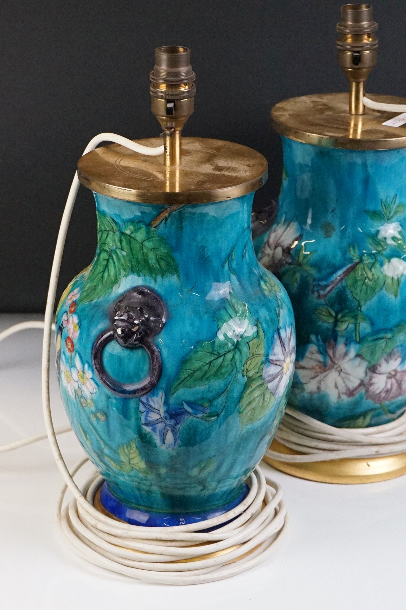 Pair of Majolica-style table lamps of baluster form, with relief lion masks, floral and - Image 2 of 9