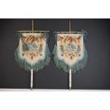 Pair of 19th century Needlework Panel Hand-held Face Fire Screens, each embroidered with flowers and