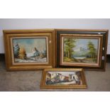 Two Oil on Canvas Alpine landscape scenes depicting lakeside huts and woodland, one being an