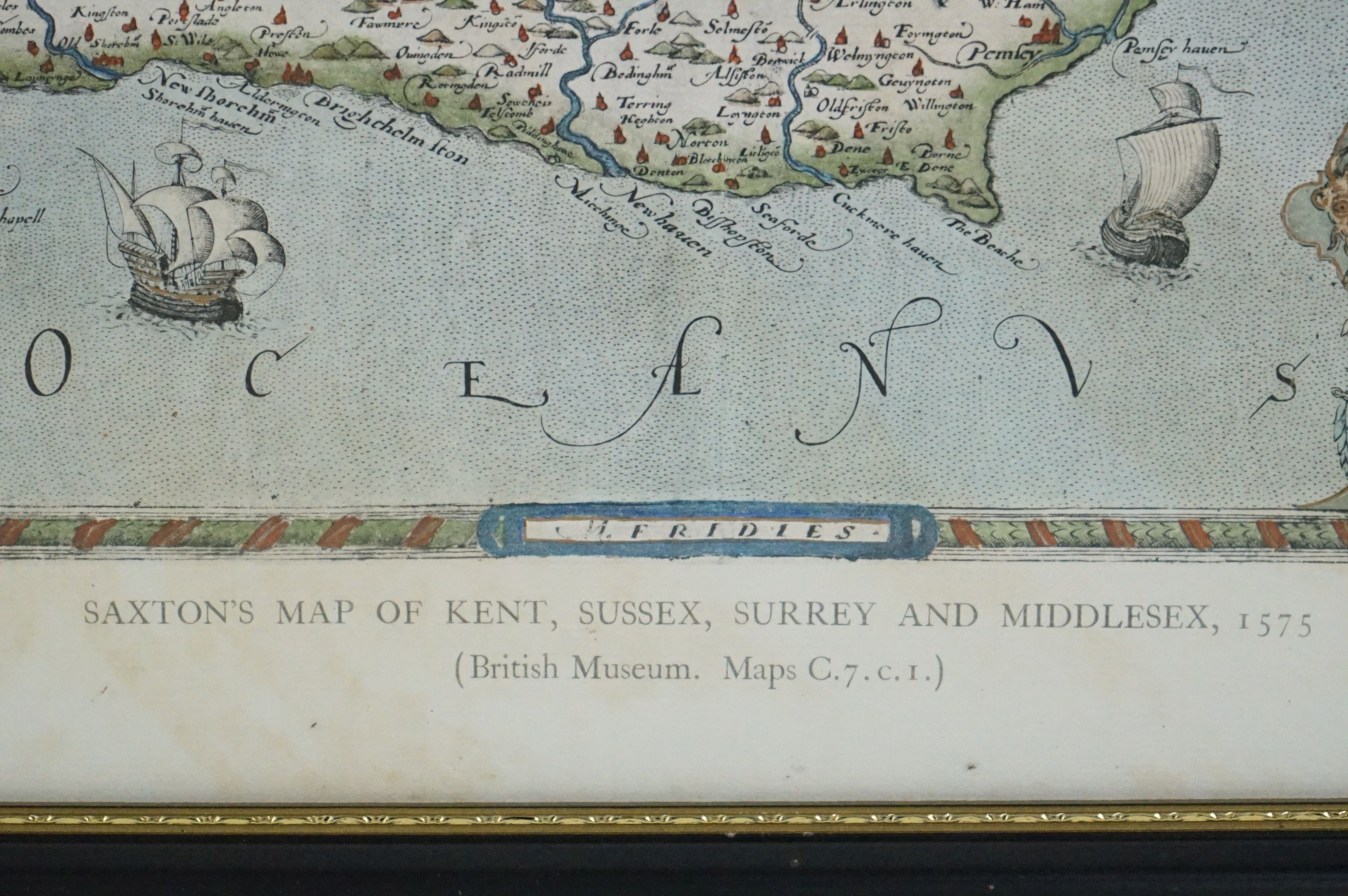 Reproduction Coloured Saxton's Map of Kent, Surrey and Middlesex 1573, 47cm x 61cm, framed and - Image 6 of 11