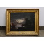 19th century Oil Painting on Canvas of a Moonlit River Scene with figures on a Boat, 46cm x 63cm,