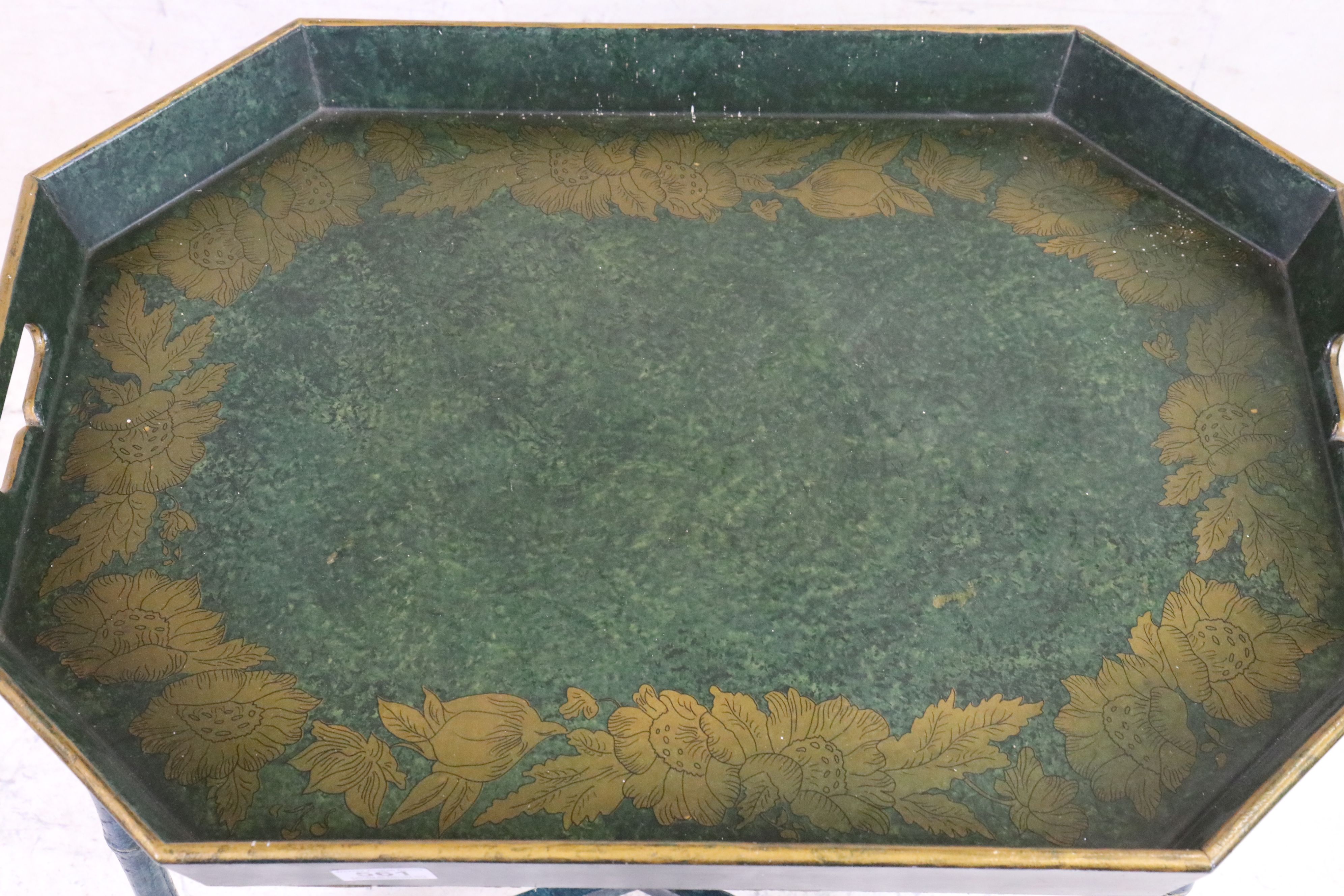 Carolyn Sheffield Designs Reproduction Butler's Tray on Faux Bamboo Folding Stand with a green - Image 3 of 6