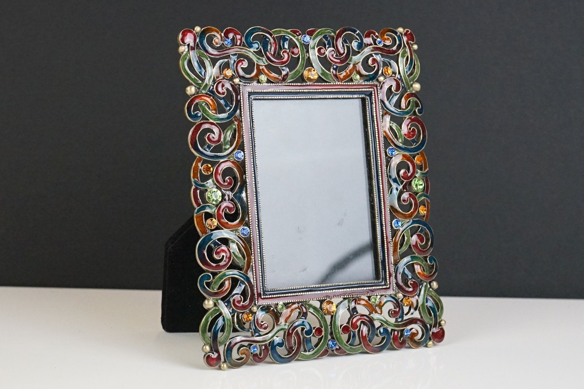 Enamelled Pierced Scrolling Easel Back Photograph Frame, 15cm x 12cm