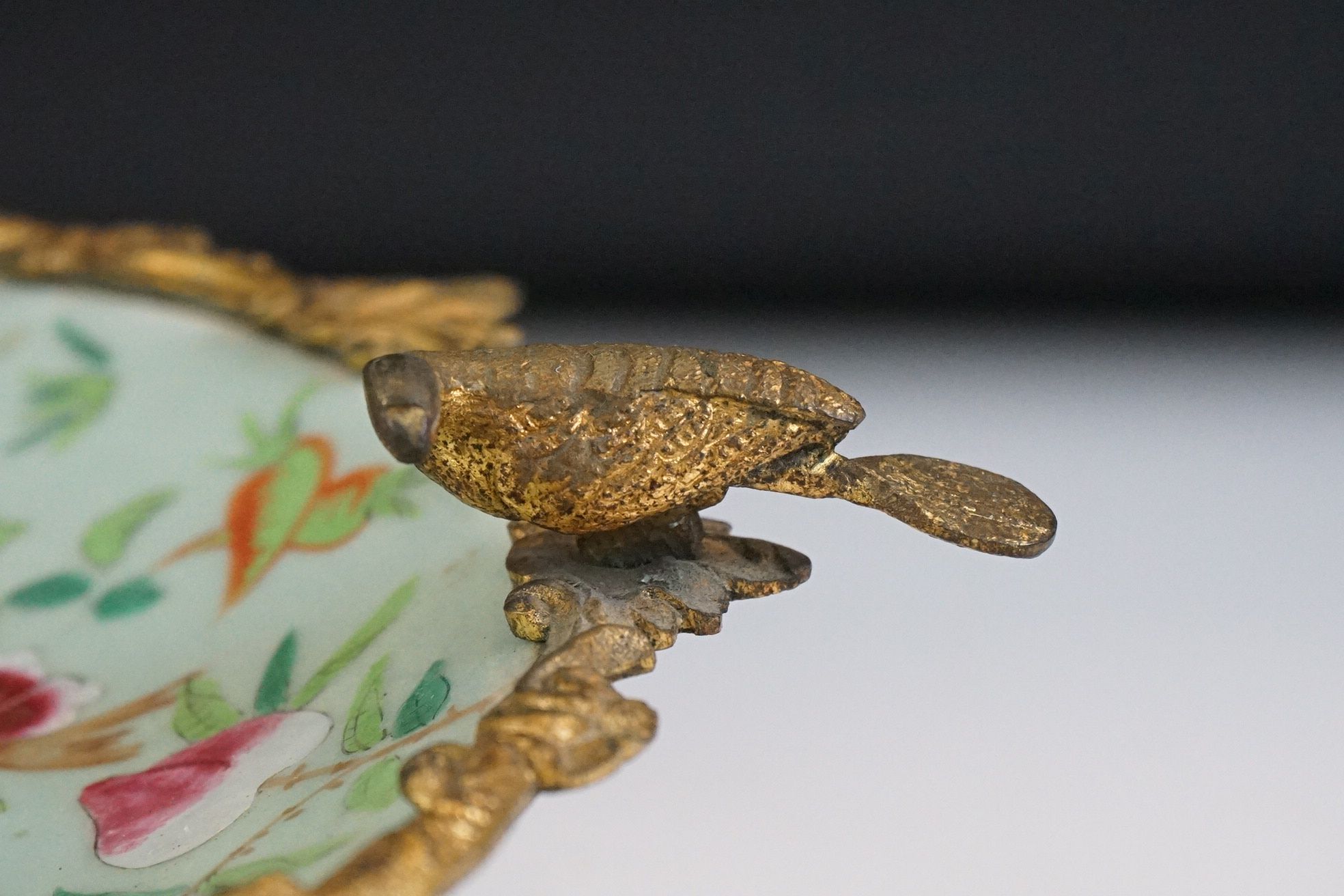 Chinese Famille Rose plate depicting a figural scene, with floral border, in gilt metal mount with - Image 14 of 18