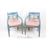 Pair of Regency style Blue Painted Elbow Chairs with cane seats and red gingham covered seat pads,