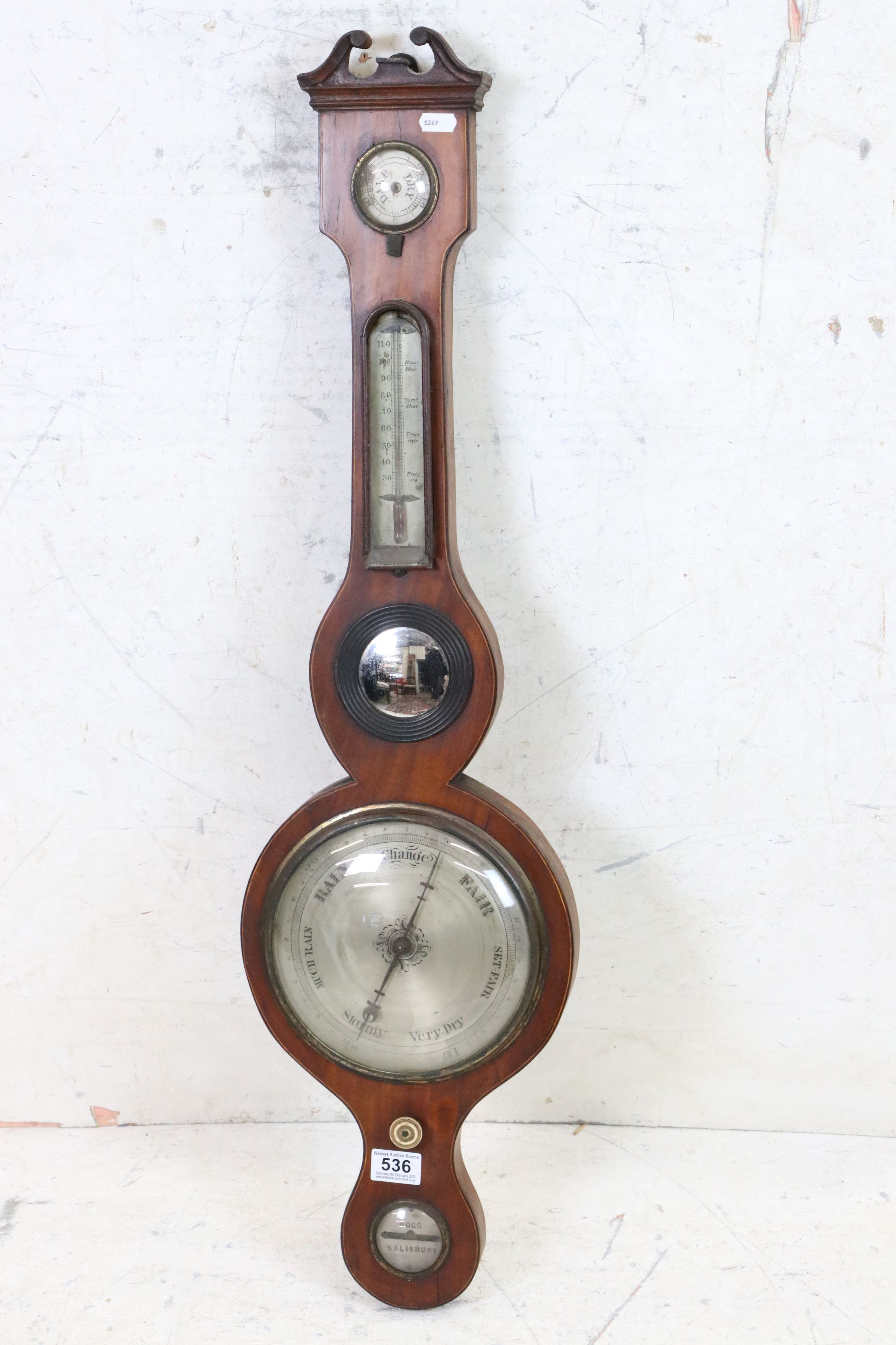 19th century Mahogany Wheel Barometer with hygrometer, thermometer, convex mirror and spirit bubble,