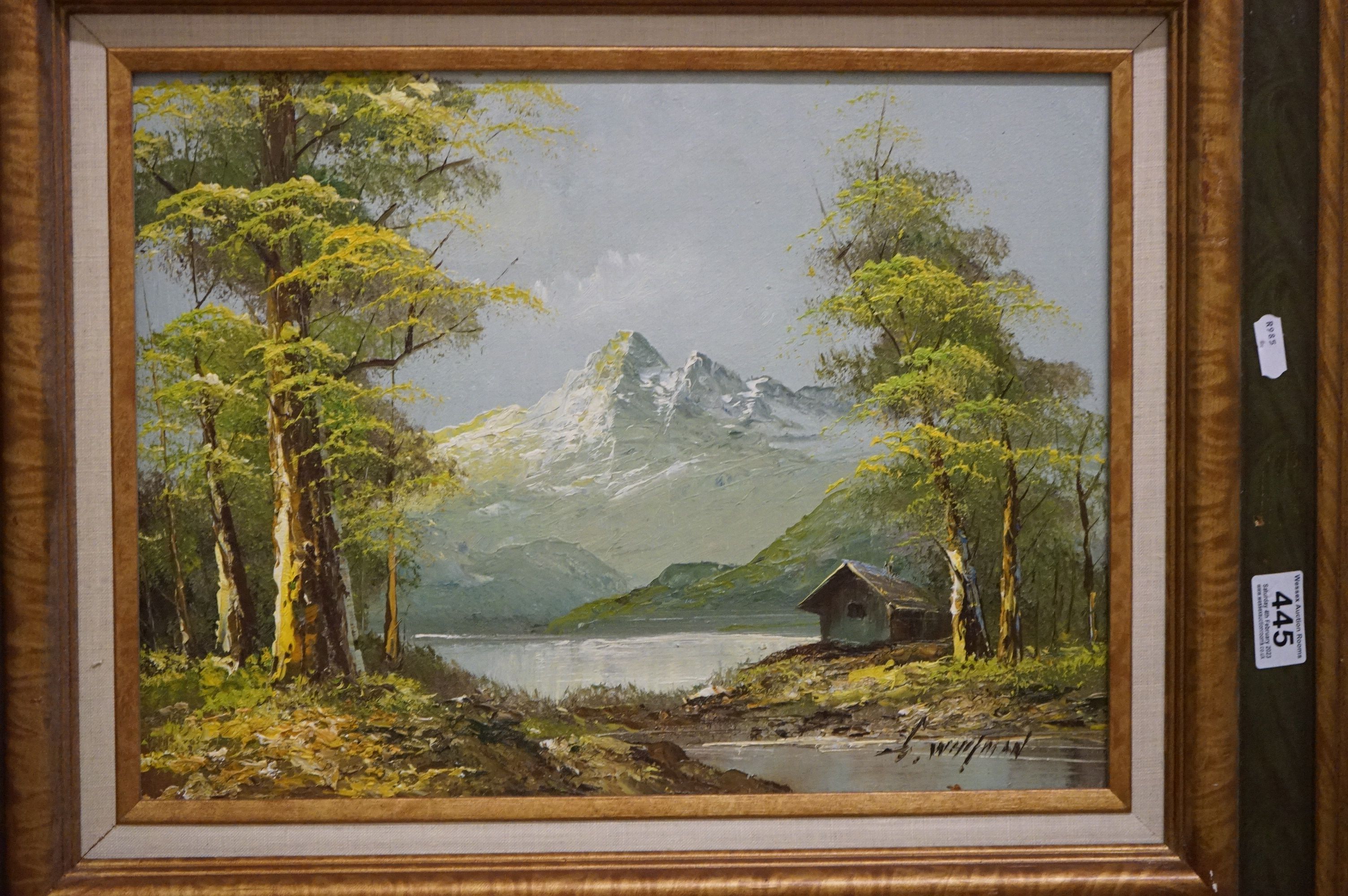 Two Oil on Canvas Alpine landscape scenes depicting lakeside huts and woodland, one being an - Image 4 of 7
