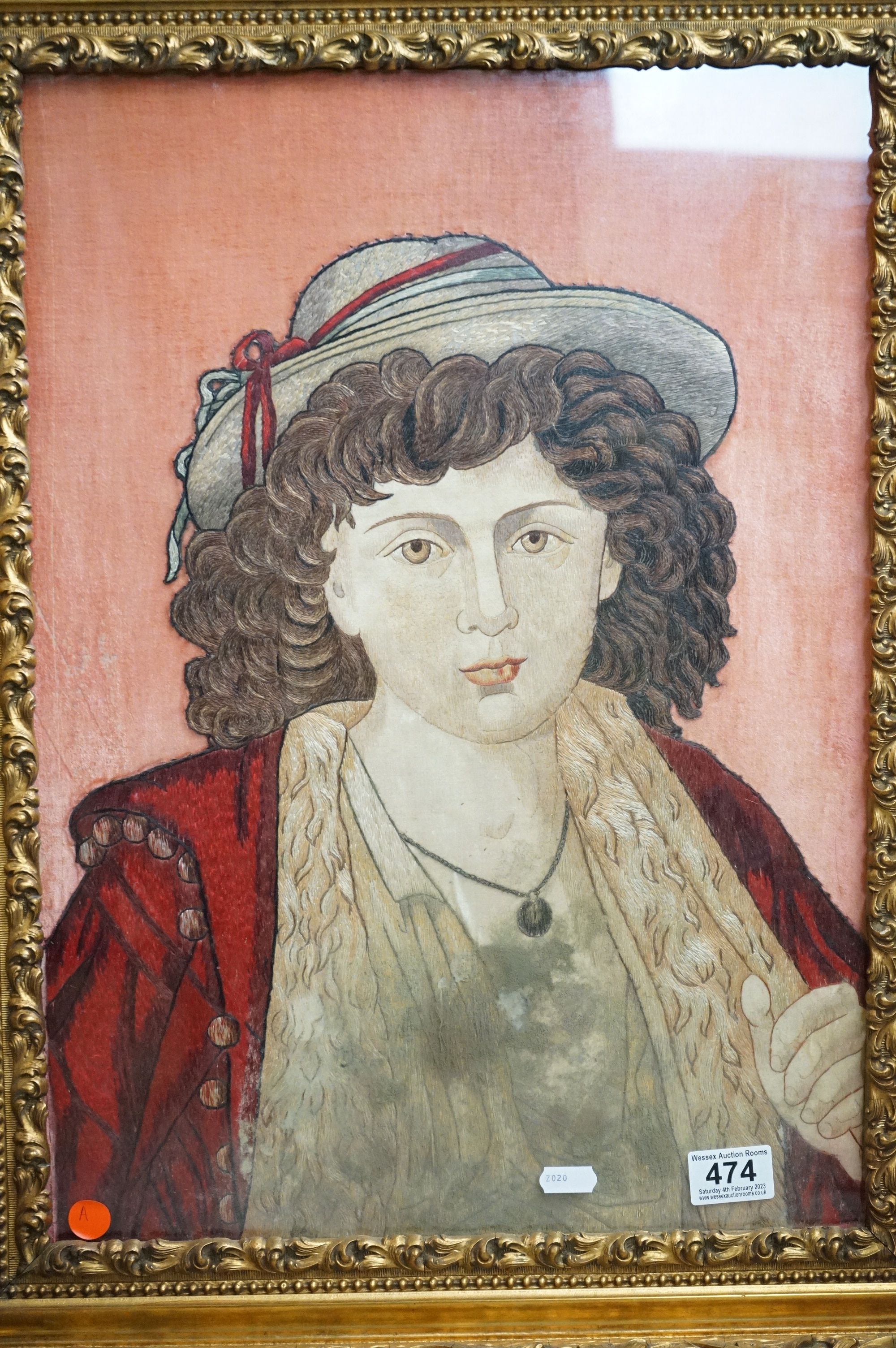 19th century Needlework on Silk of Figure wearing a Hat, 52cm x 37cm, gilt framed and glazed - Image 2 of 4