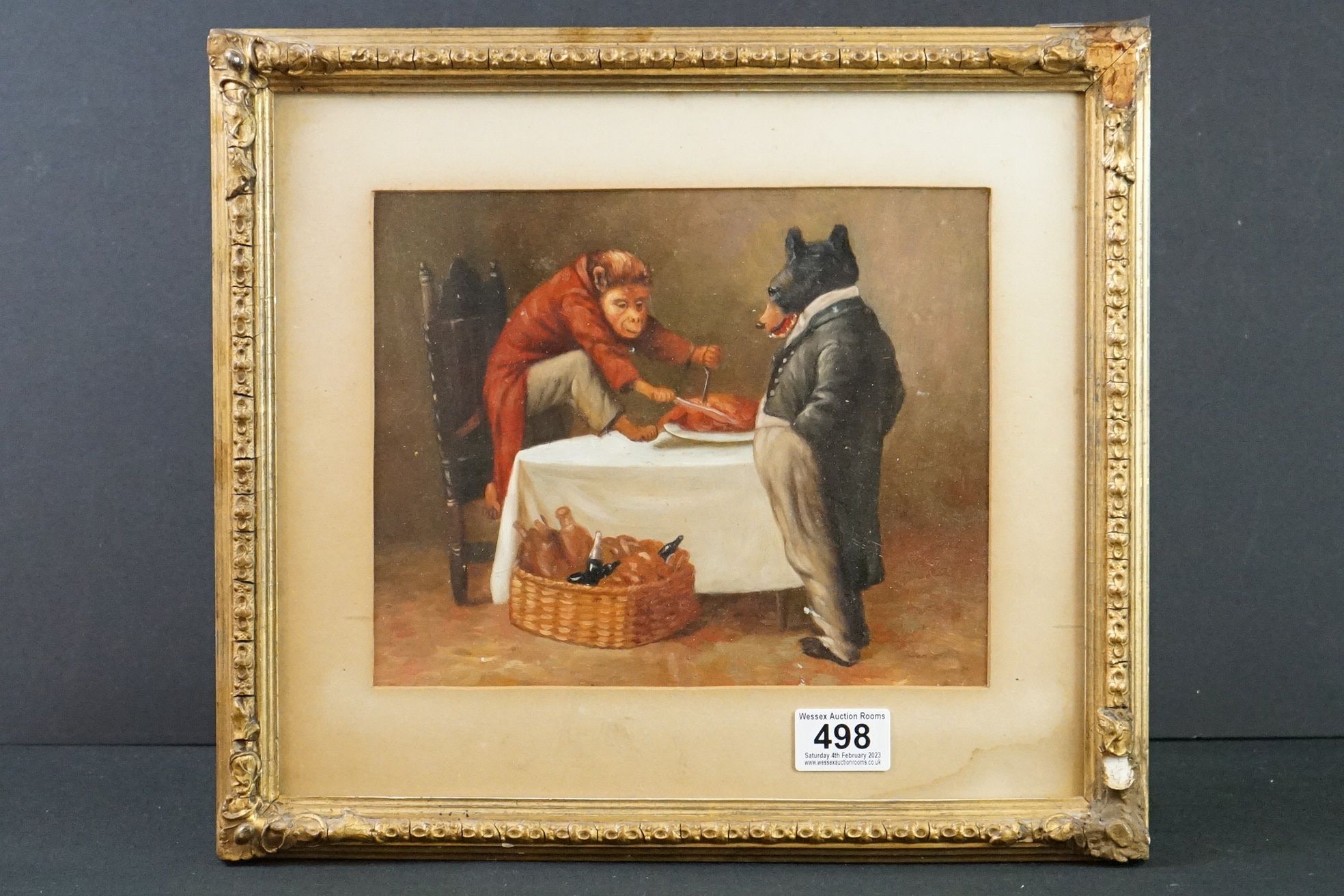 Oil on Board a Satirical Portrait of a Bear and a Monkey enjoying a feast