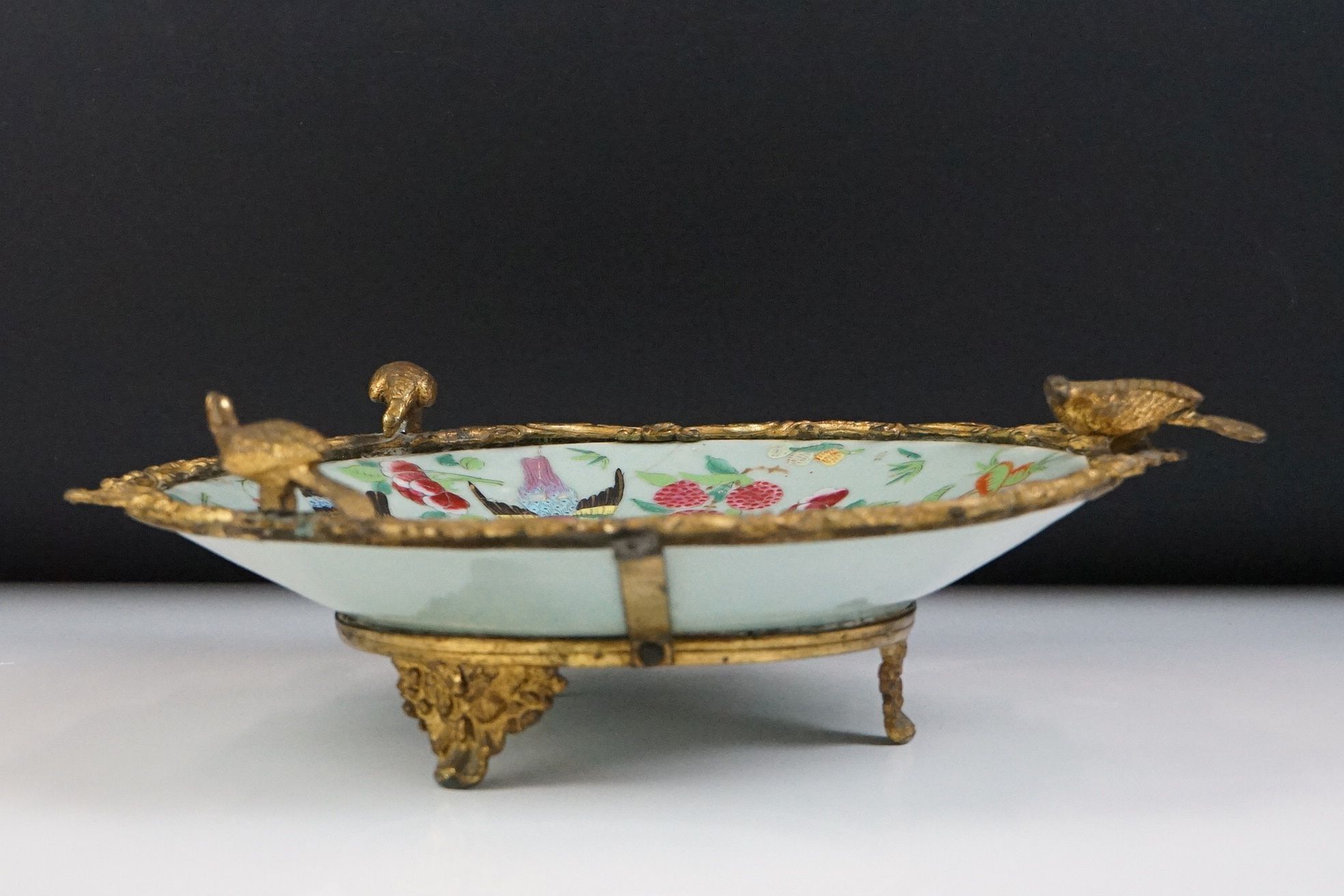 Chinese Famille Rose plate depicting a figural scene, with floral border, in gilt metal mount with - Image 13 of 18