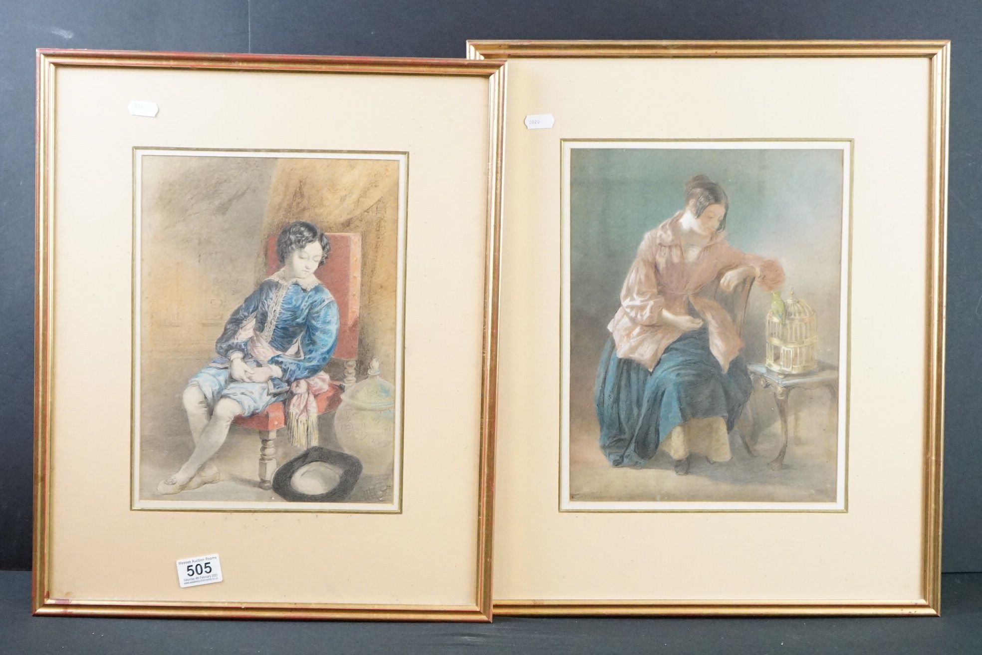 Pastel of a Seated 19th century Lady with a parrot sat on a bird cage, indistinctly signed lower