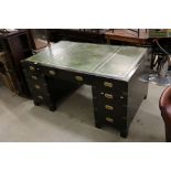 Reproduction 19th century Campaign style Twin Pedestal Writing Desk with green leather inset top, an