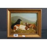 Oil Painting on Board of Three Dogs, 19cm x 24cm, gilt framed