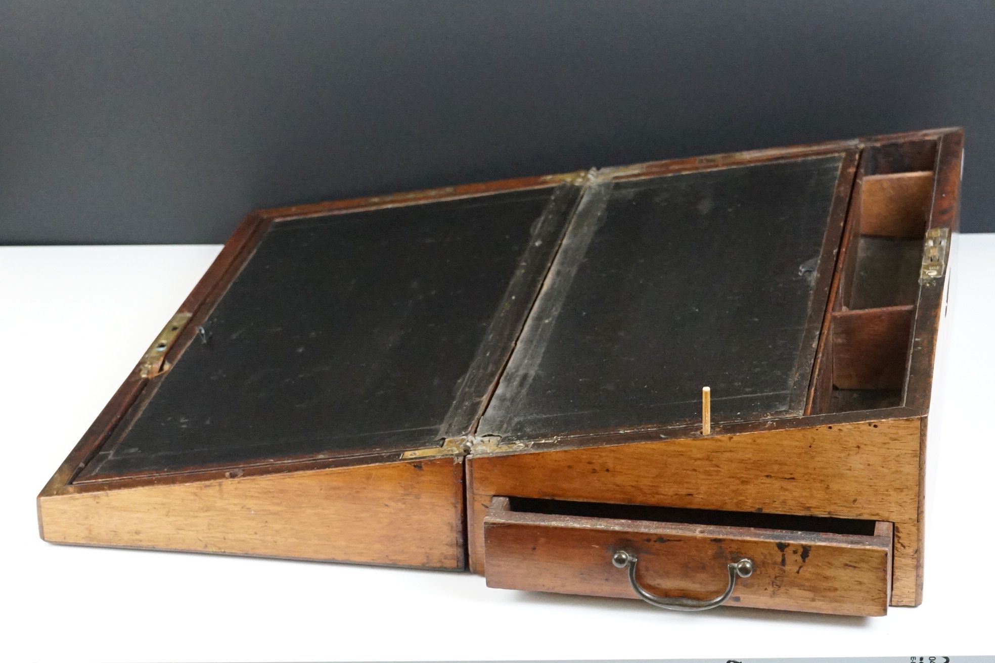 19th Century mahogany writing box of rectangular form, with 'secret' drawer to one end with brass
