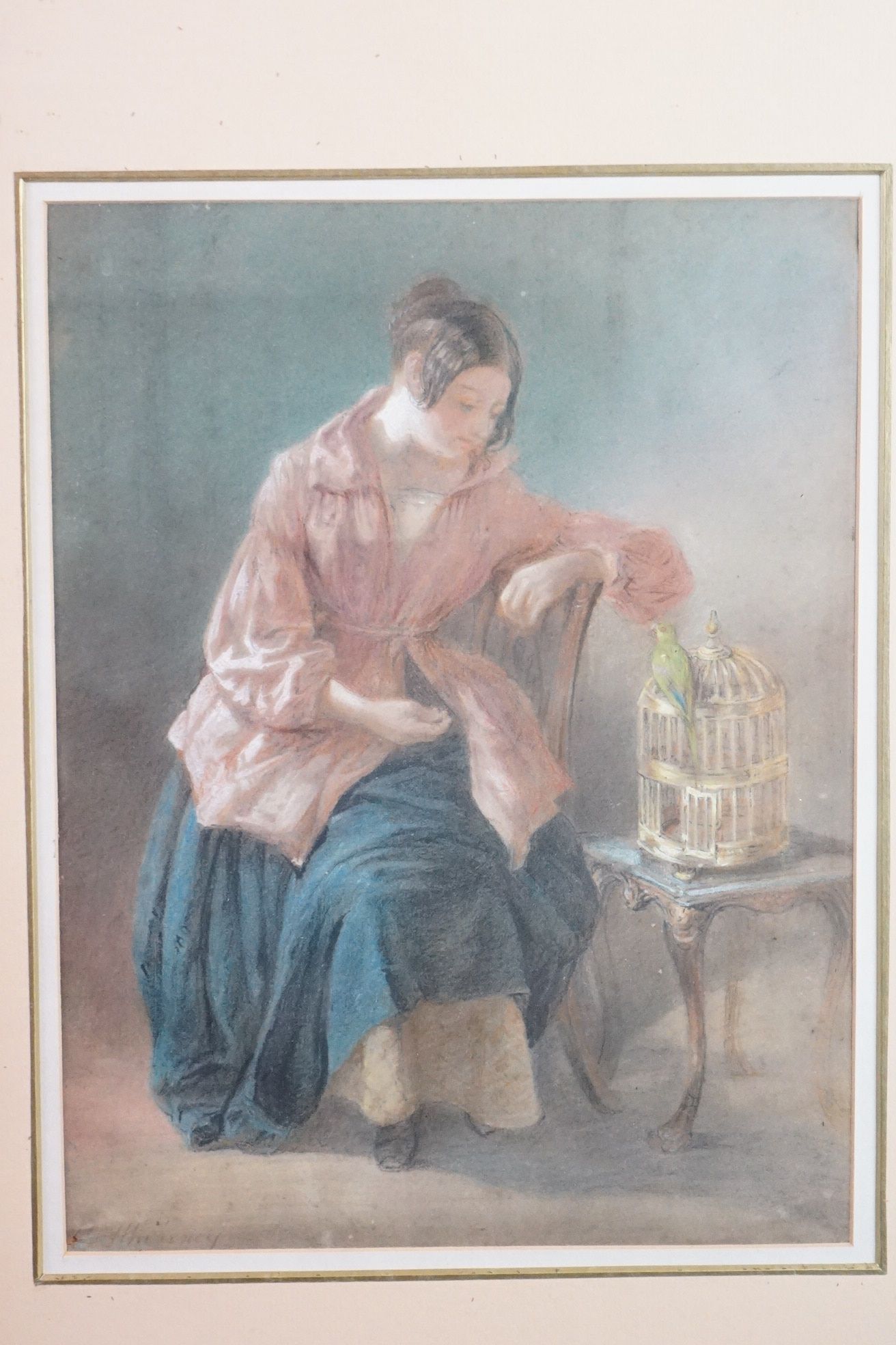 Pastel of a Seated 19th century Lady with a parrot sat on a bird cage, indistinctly signed lower - Image 2 of 10