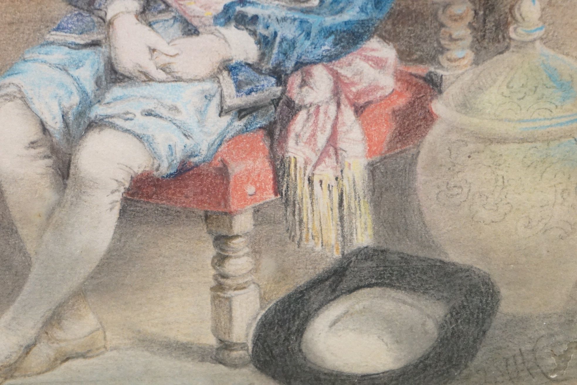 Pastel of a Seated 19th century Lady with a parrot sat on a bird cage, indistinctly signed lower - Image 8 of 10