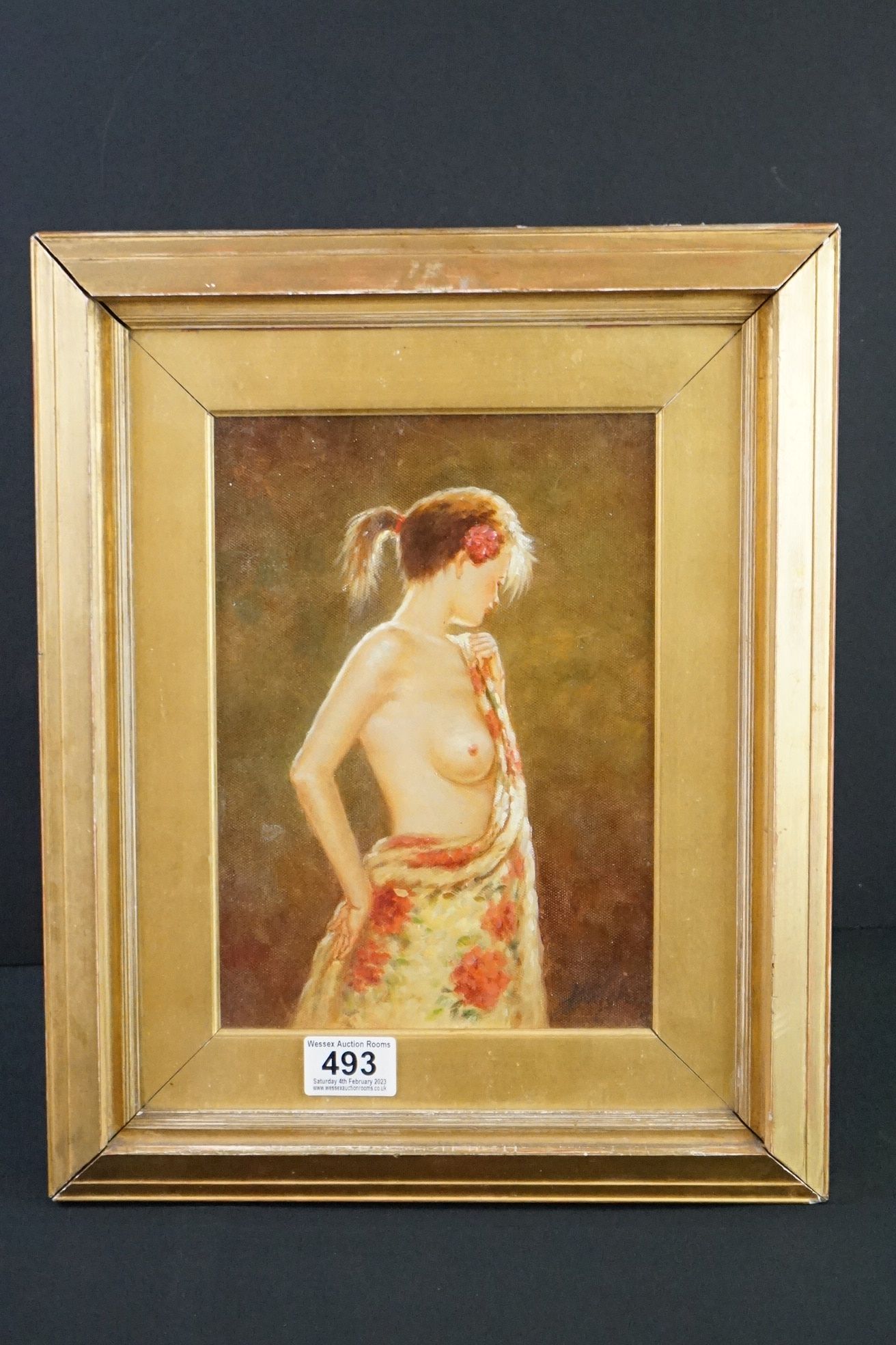 Gilt framed Oil Painting Portrait of a Semi Clad Nude Female