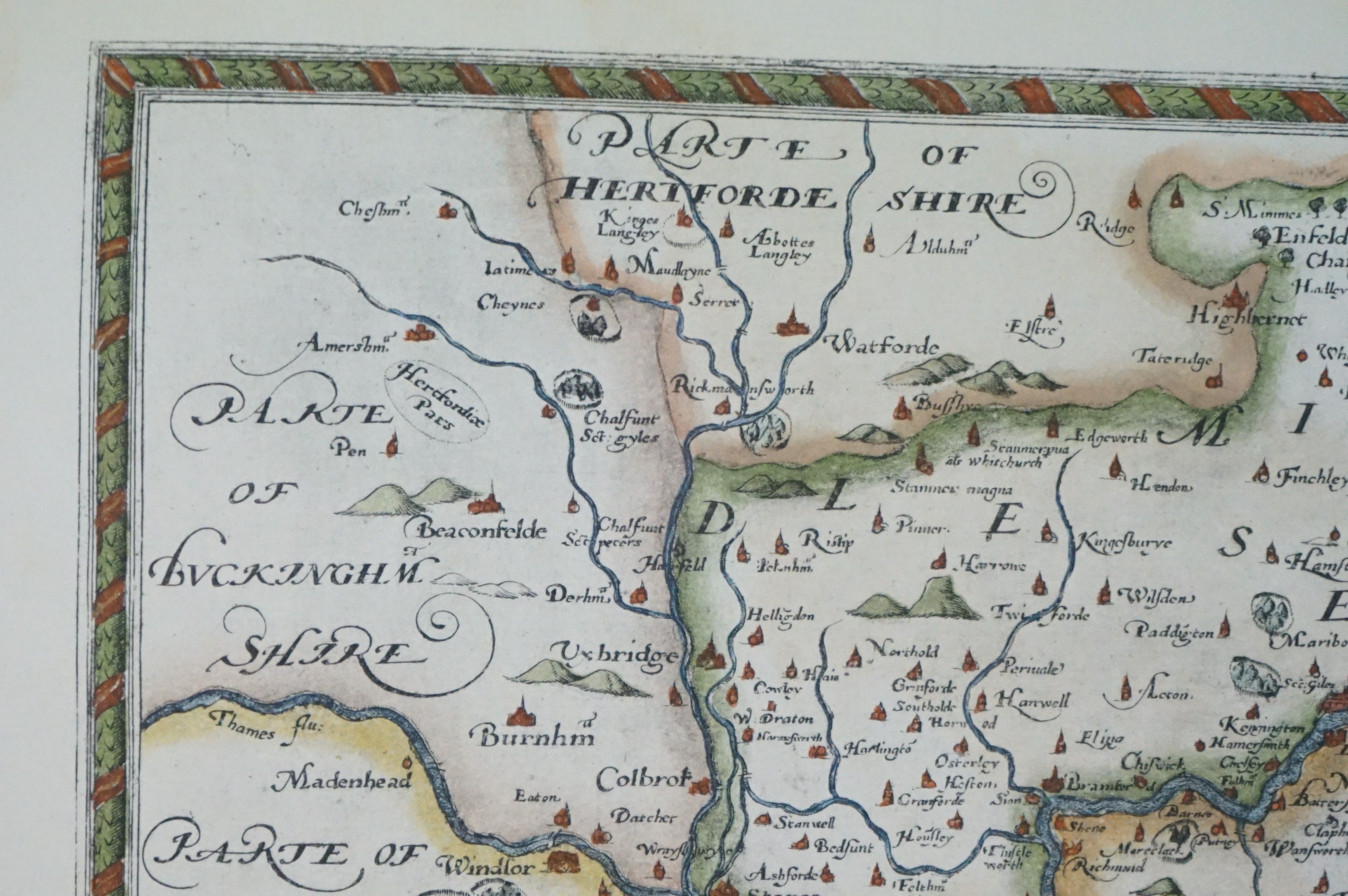 Reproduction Coloured Saxton's Map of Kent, Surrey and Middlesex 1573, 47cm x 61cm, framed and - Image 4 of 11