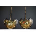 Pair of 19th century Hand Painted Papier Mache Hand-held Face Fire Screens, each decorated to one