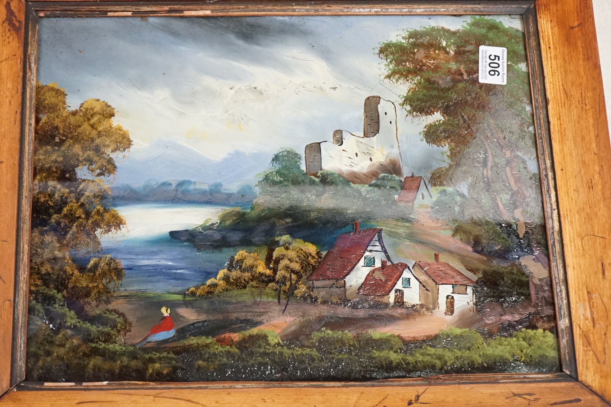 Six Victorian Reverse Painted Glass Landscape Pictures, largest 40cm x 60cm, all framed - Image 7 of 7