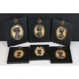 A collection of six framed antique miniature silhouette portraits.