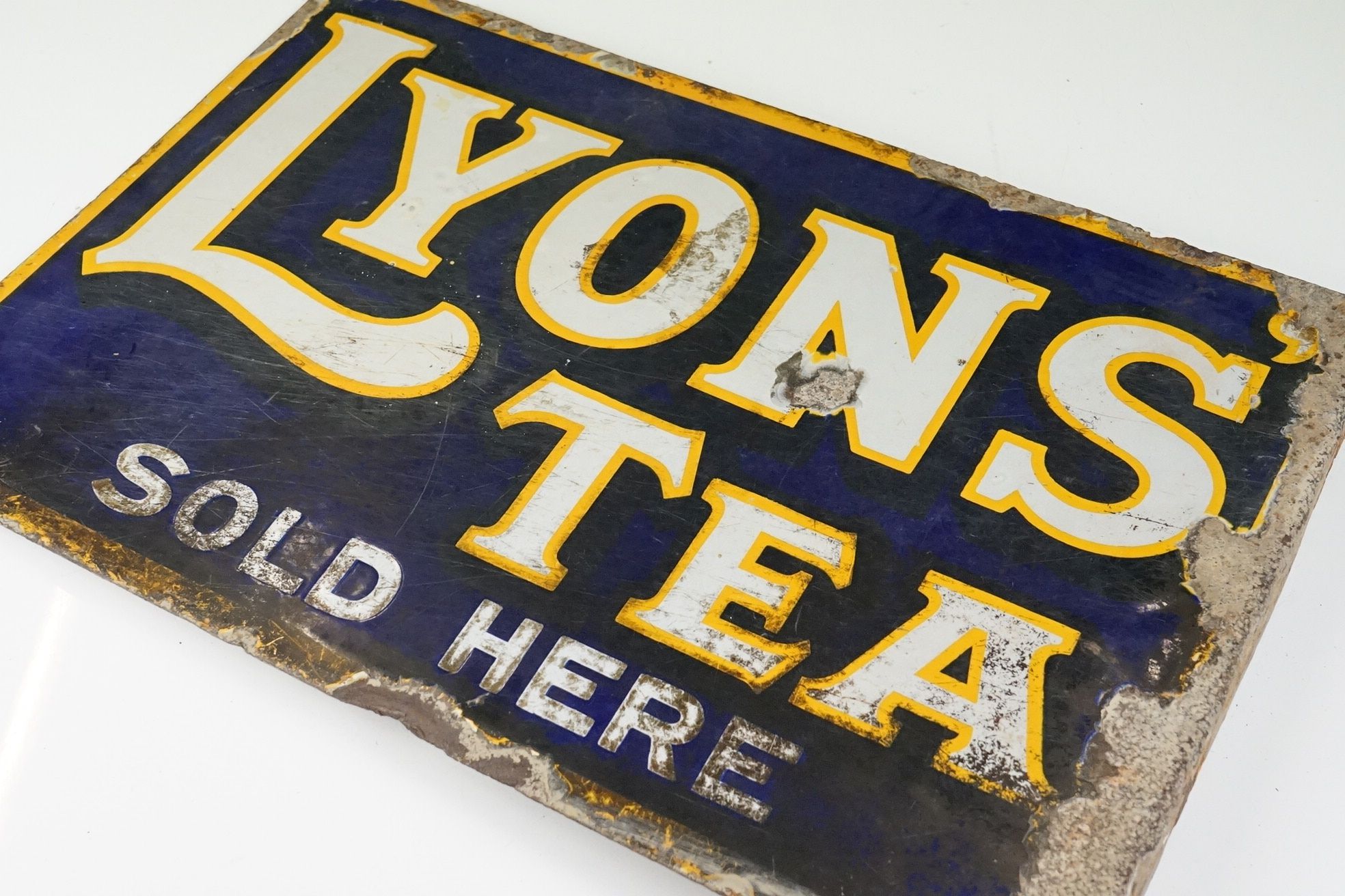 Advertising - Original ' Lyons Tea Sold Here ' double-sided enamel sign, white text on blue ground - Image 9 of 15