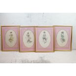 Set of Four French Oval Fashion Prints, 42cm x 28cm, in matching pink mounts, framed and glazed