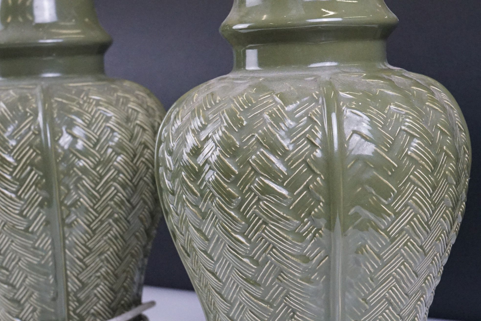 Pair of Green Glazed Baluster-shaped Table Lamps with moulded basket weave pattern, 40cm high with - Image 4 of 5