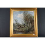 Early 20th century oil on canvas - Shepherd with a Flock of Sheep, indistinct signature to lower