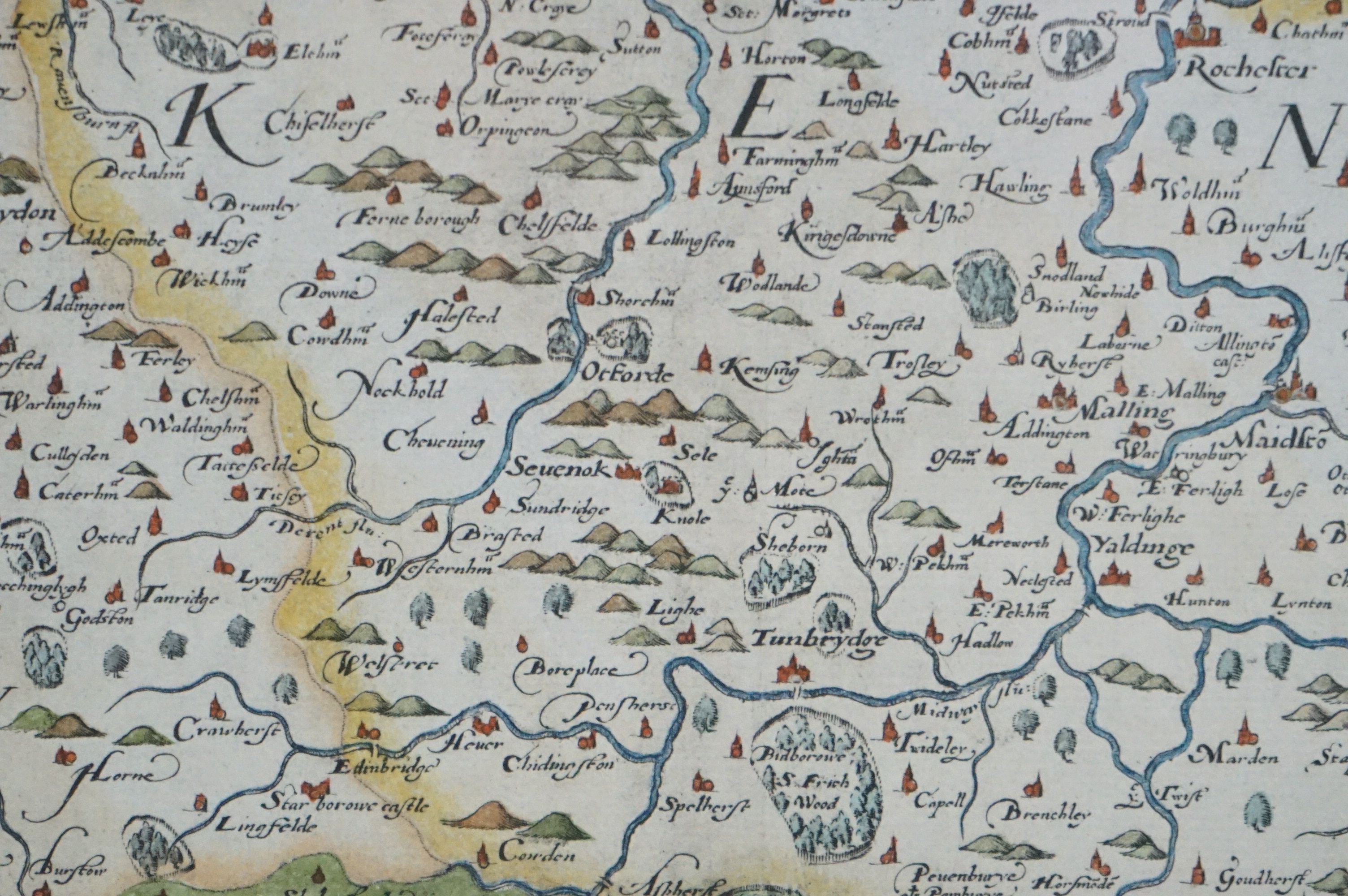 Reproduction Coloured Saxton's Map of Kent, Surrey and Middlesex 1573, 47cm x 61cm, framed and - Image 8 of 11