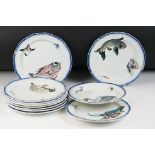 Set of 11 French pottery plates, the decoration designed by Felix Bracquemond, showing birds,