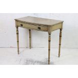 Victorian Painted Pine Bow Fronted Side Table with single drawer, raised on turned ringed legs, 90cm