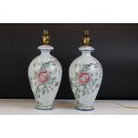 Pair of Early 20th century Ceramic Baluster Table Lamps with hand painted floral decoration, 34cm