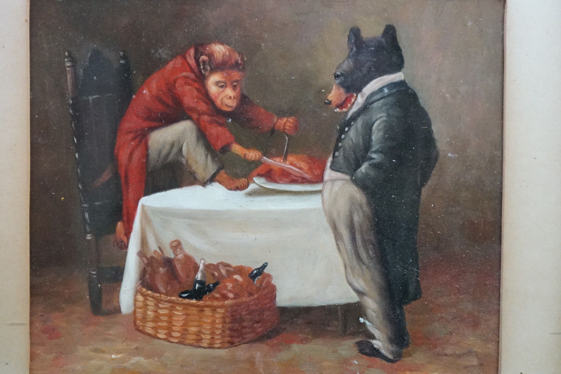 Oil on Board a Satirical Portrait of a Bear and a Monkey enjoying a feast - Image 2 of 6