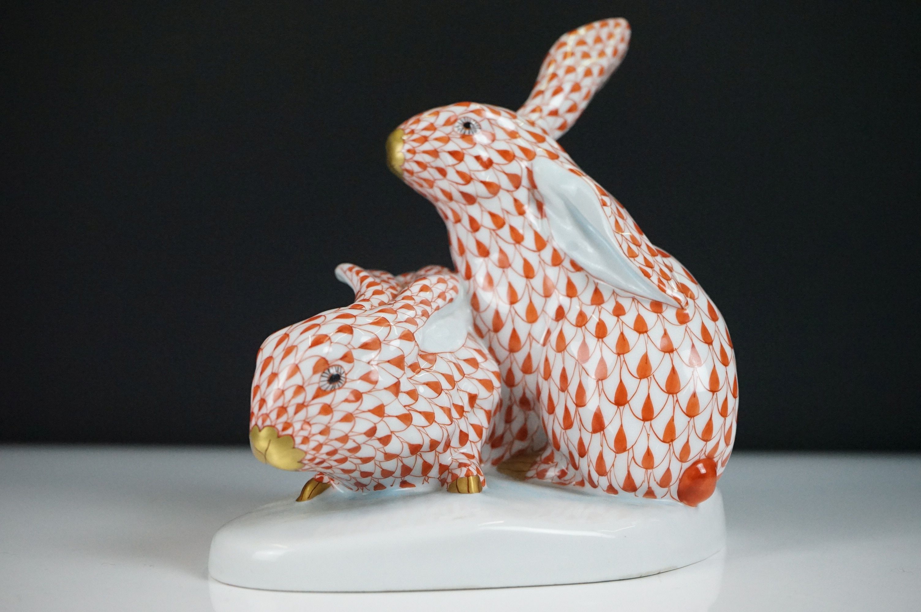 Herend porcelain group of Two Hares, orange pattern 14cm high together with a Pair of Herend Trinket - Image 3 of 7