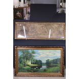 Large Oil Painting of Swans on a Lake beside a Folly, 58cm x 107cm together with a Large Tapestry of