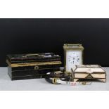 A small group of collectables to include a brass cased carriage clock, money box / cash tin, tape