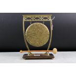 Brass gong on oak stand & retro vintage desk calendar