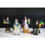 Four Royal Doulton porcelain figures to include the Balloon Lady (HN 2935), The Rag Doll Seller (