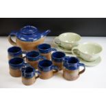 Westport Pottery blue glazed stoneware tea set for 6, comprising teapot & cover, 6 mugs, cream jug