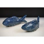 Pair of Chinese Blue Glazed Koi Carp pottery figures, approx 21cm long