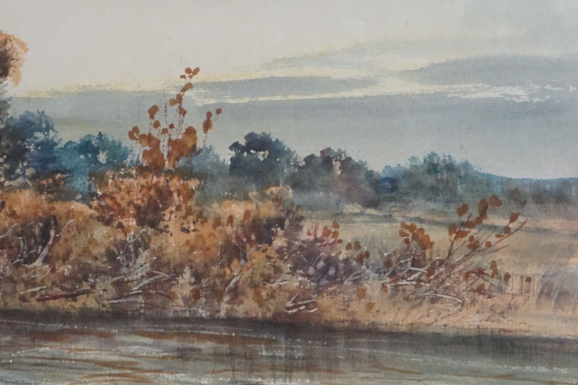 Amy Watts, 19th century, a tranquil rural river scene with figures and sheep, label to verso ( - Image 6 of 8