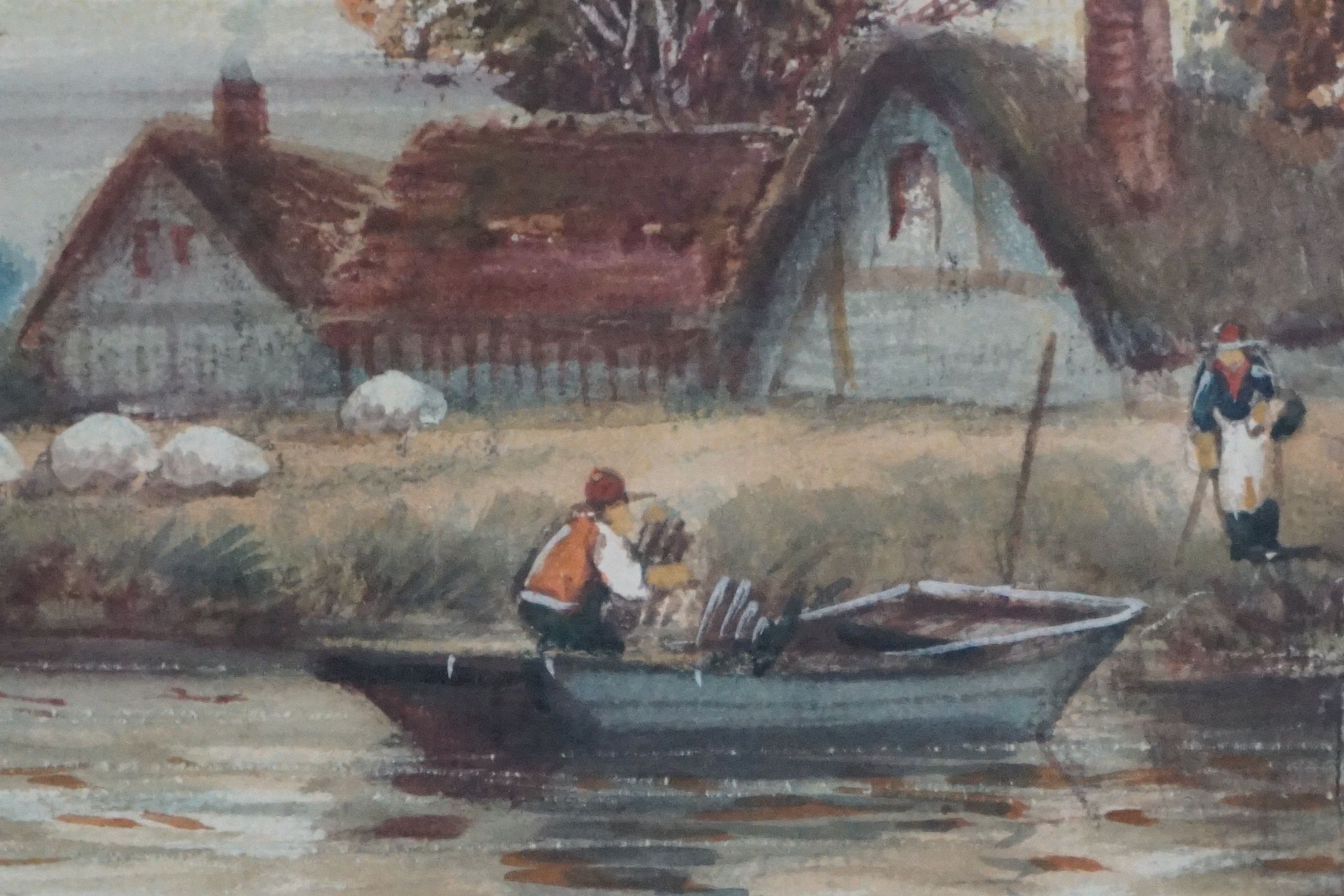 Amy Watts, 19th century, a tranquil rural river scene with figures and sheep, label to verso ( - Image 5 of 8
