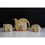 Clarice Cliff for Newport Pottery ' Stroud ' pattern three piece tea set in the Stamford shape,
