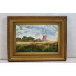 Gilt framed oils on board, a view of farmhouse and windmill through cornfields in Summer, signed