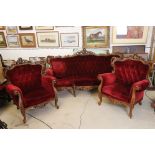 Victorian style Three Piece Suite comprising three seater settee, 203cm long x 105cm high x 85cm